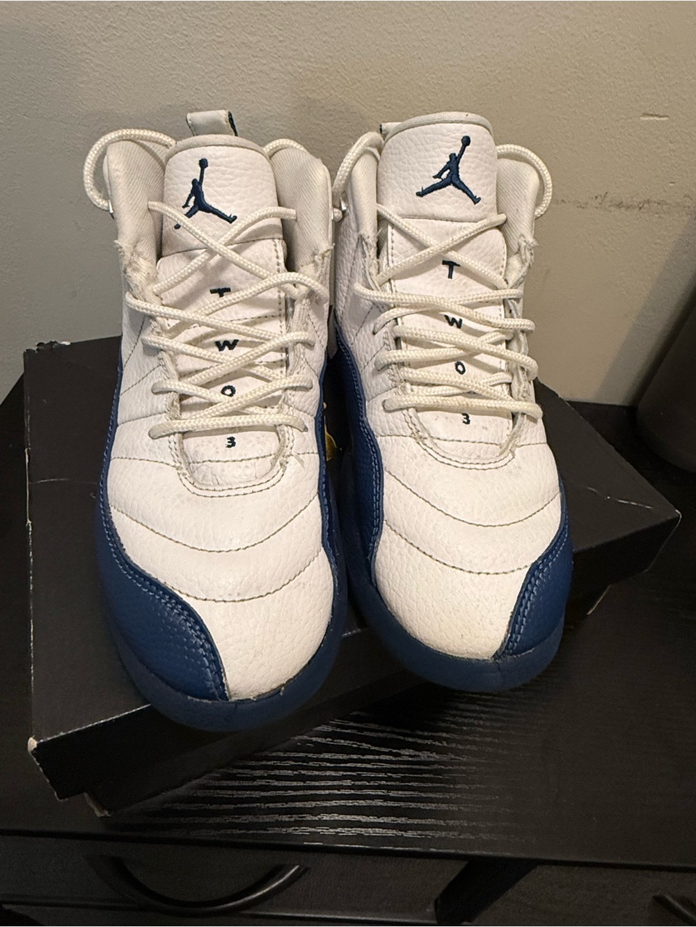 Nike White and Navy Youth Jordan Retro 12 Sneakers